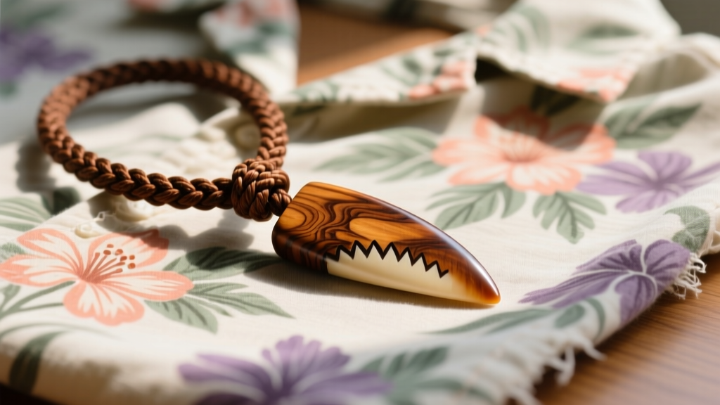 Carved koa wood shark tooth pendant on a braided brown waxed cotton cord, resting against a faded vintage floral aloha shirt.