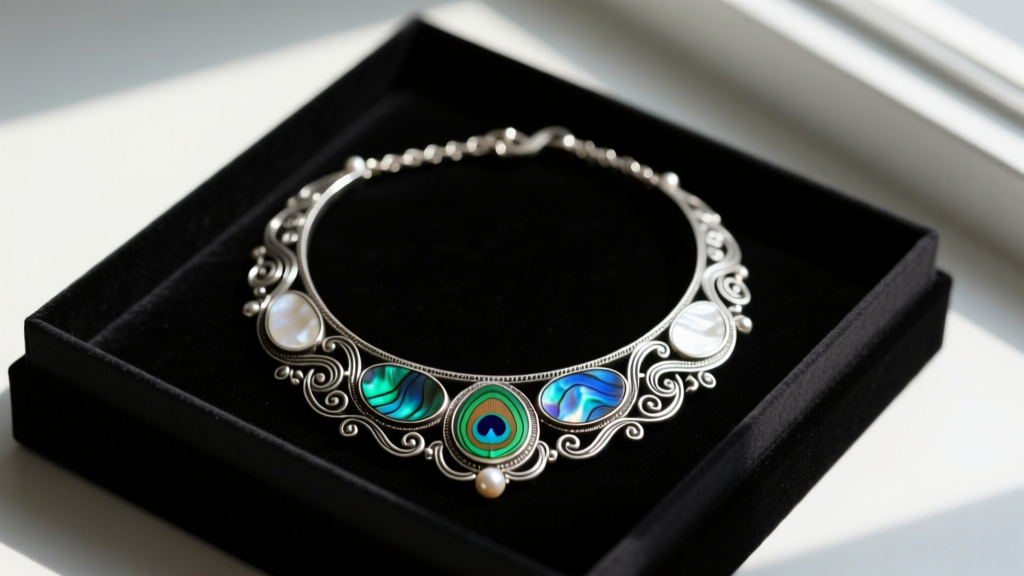 Vintage Taxco .925 sterling silver Mexican necklace with polished abalone inlay resting elegantly on dark velvet gift packaging