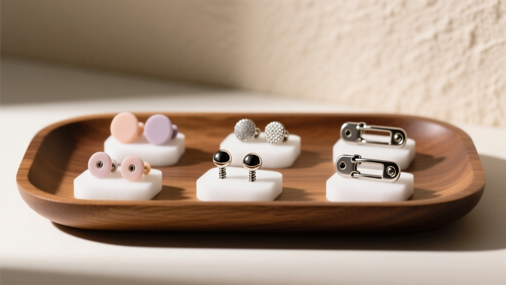 Wooden tray displaying various earring backs including silicone friction clutches, titanium screw backs, and secure locking clasps