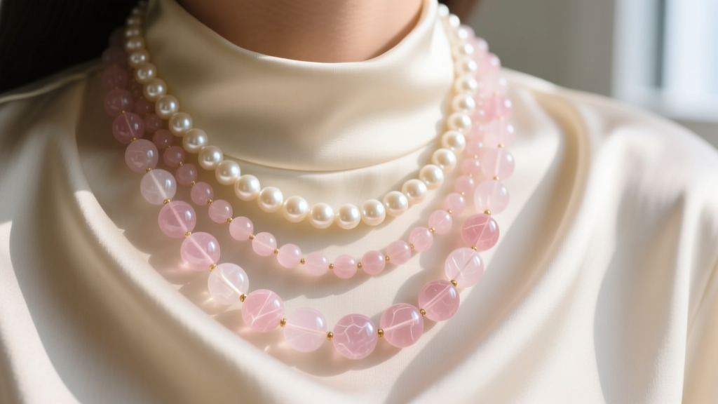 Layered necklaces with creamy freshwater pearls and translucent pink rose quartz beads resting on a cream silk blouse collar