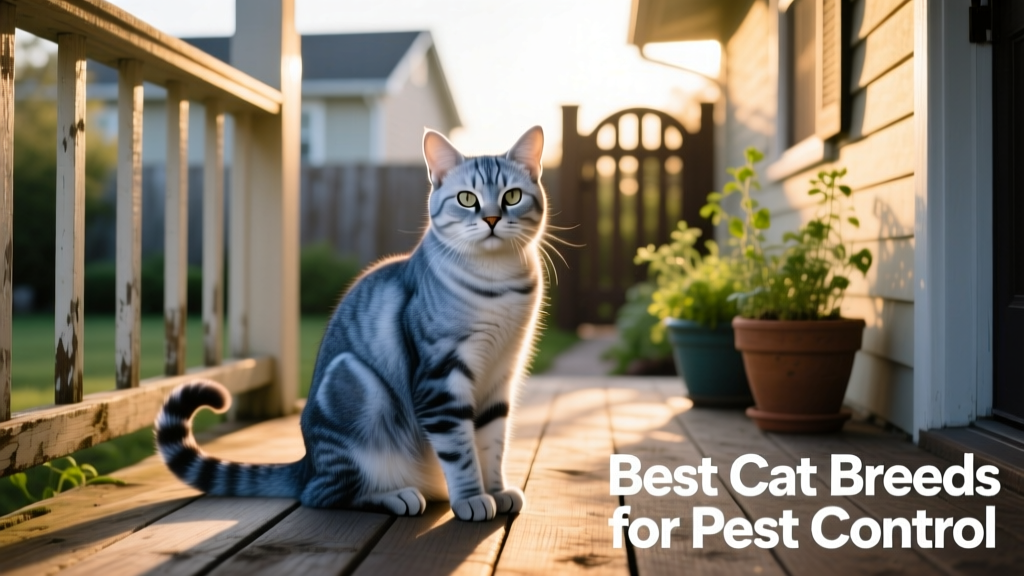 American Shorthair cat sitting alertly on a wooden porch, ears perked and tail curled neatly