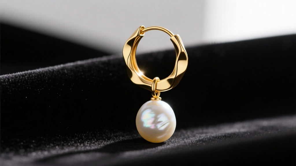 Macro shot of a 22k yellow gold hoop earring with an irregular white baroque freshwater pearl drop resting on dark velvet fabric