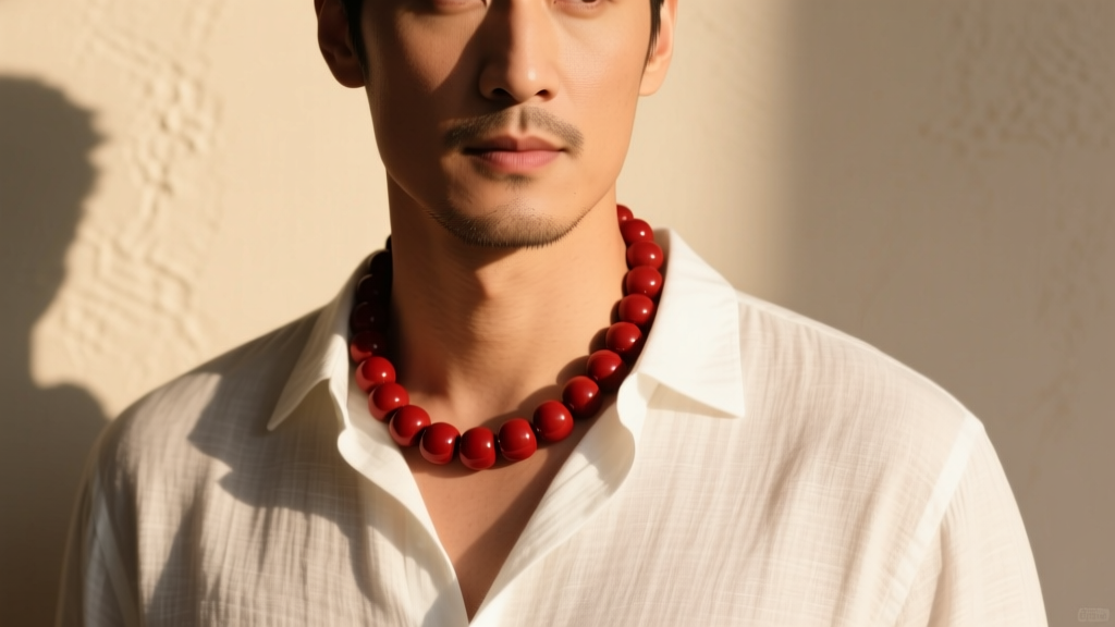 Stylish man wearing a 20-inch matte red carnelian bead necklace over a white linen shirt, warm natural lighting, chest up