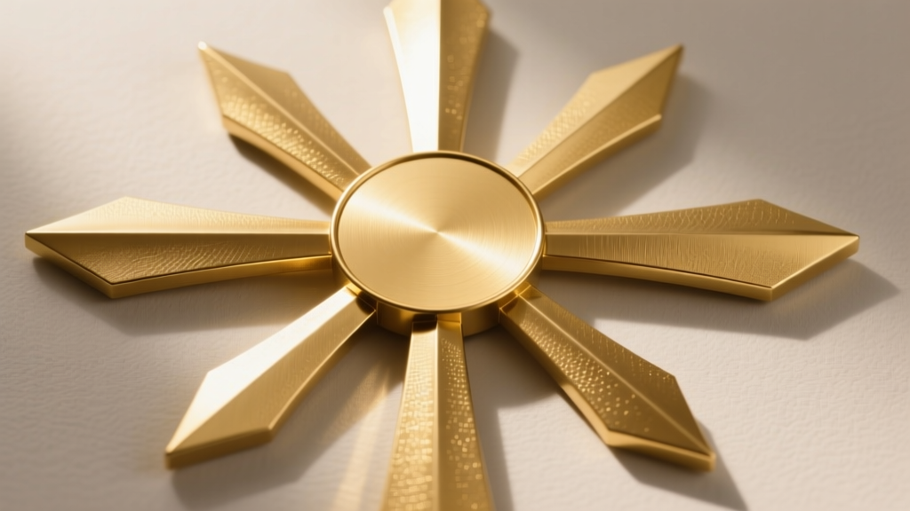 Top-down view of an eight-pointed religious cross showing the central circle and radiating arms in a brushed yellow gold finish.