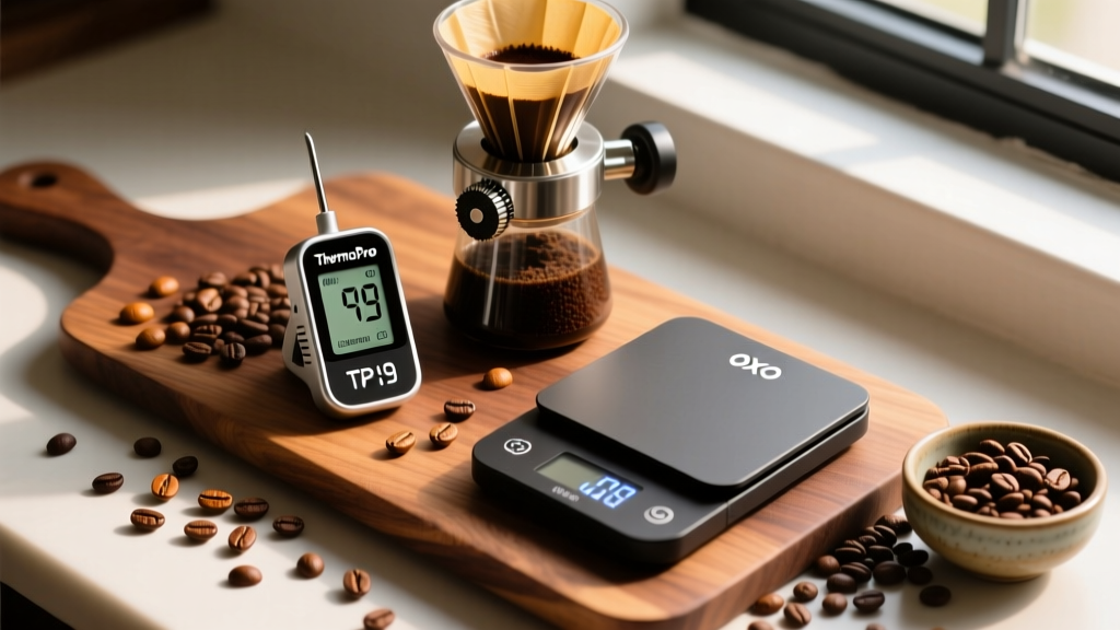 Top-down view of ThermoPro TP19 thermometer, Timemore C3 grinder, and OXO digital scale on a wooden board with scattered coffee beans