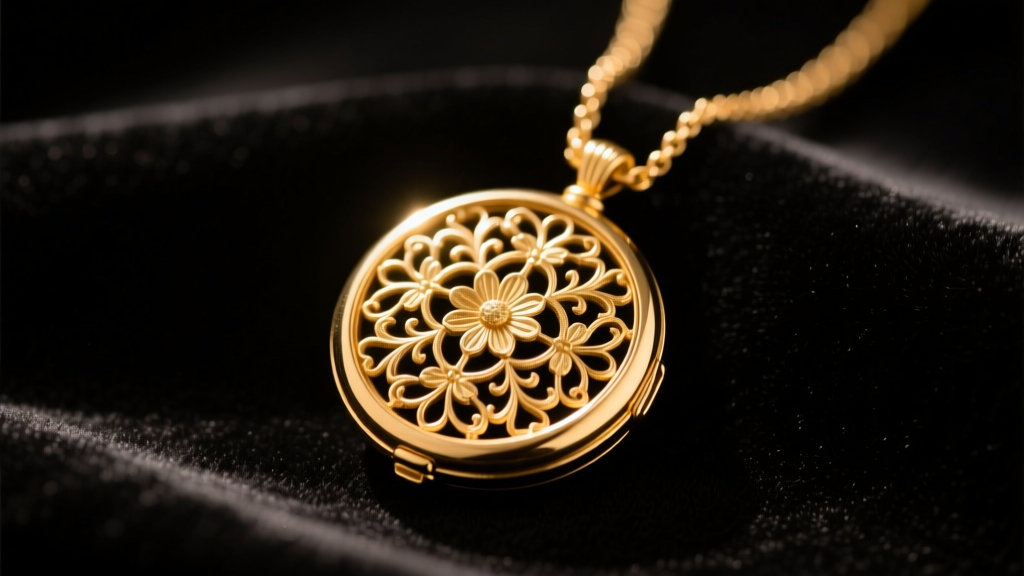 Vintage gold filigree locket necklace on dark velvet, warm lighting highlighting intricate floral engravings on the cover