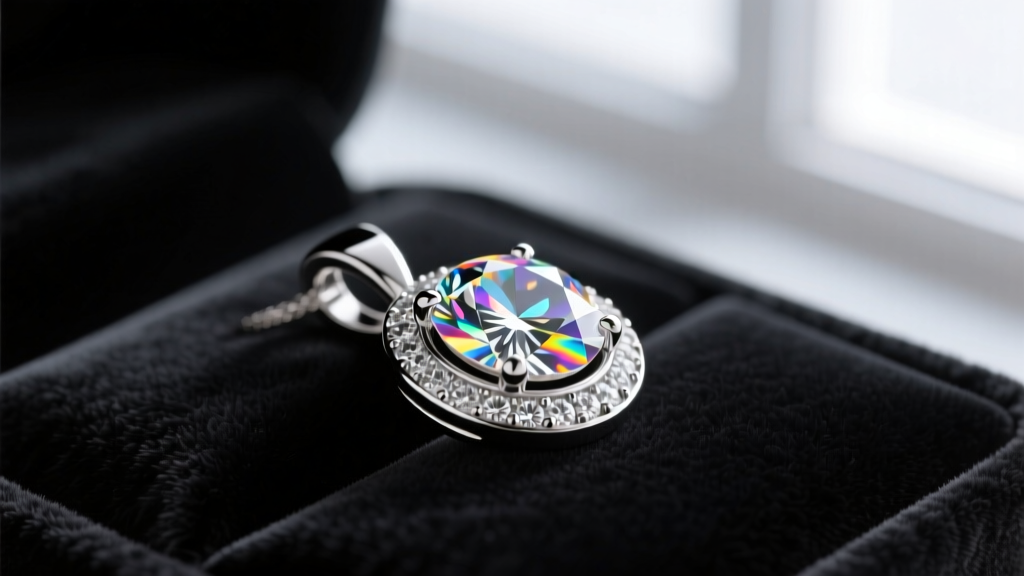 Close-up of a platinum 950 bezel-set diamond pendant resting on dark velvet, illuminated to show the stone's brilliance and fire