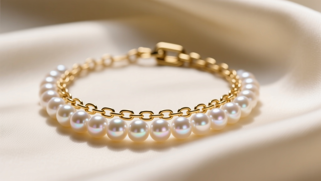 Close-up of a 5mm freshwater pearl necklace layered with a 14k gold paperclip chain on cream silk fabric in soft natural lighting