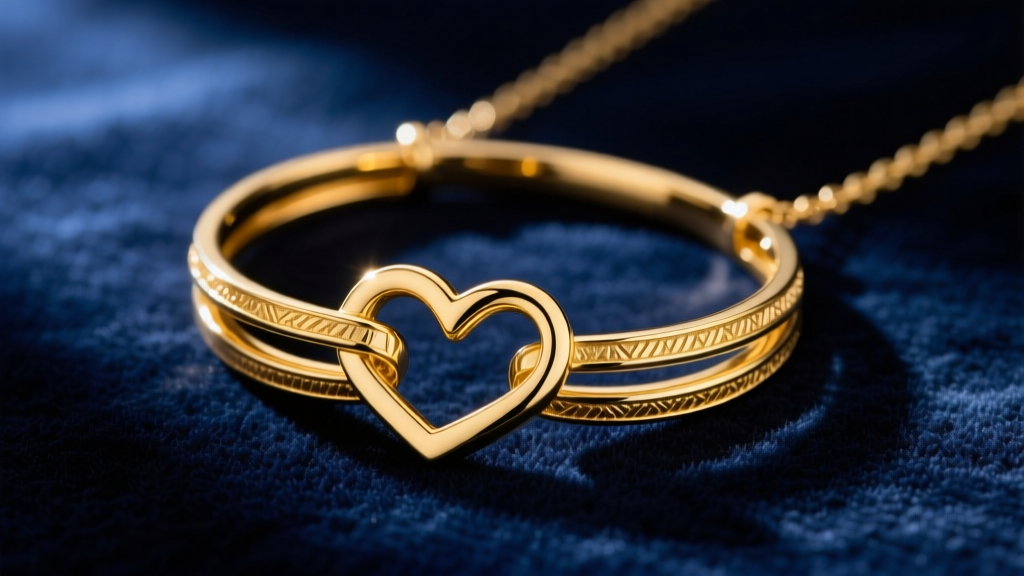 Flat lay of a solid 14k yellow gold interlocking rings love necklace on dark navy velvet, illuminated by soft directional light.