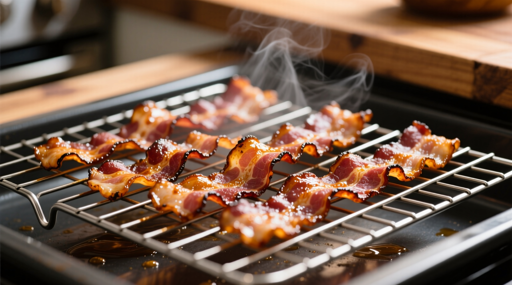 Crispy bacon strips arranged on wire rack after oven cooking