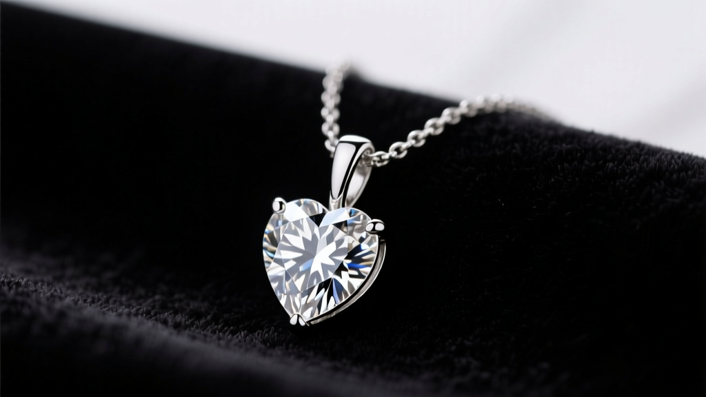 A heart shaped necklace diamond in a platinum five-prong pendant resting on dark velvet under focused, bright studio lighting