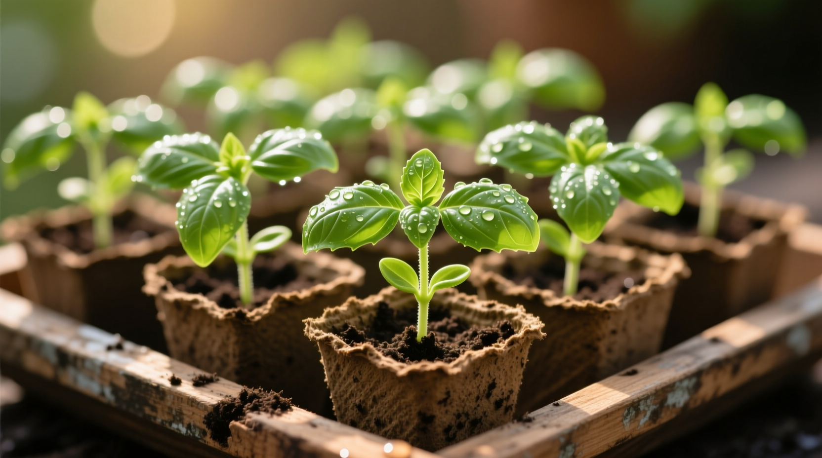 Close-up of basil seedlings in starter pots with healthy green leaves