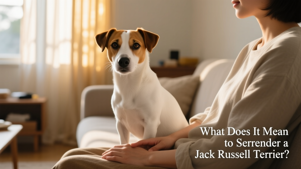 A calm, well-groomed Jack Russell Terrier sitting beside a person with gentle hands resting nearby