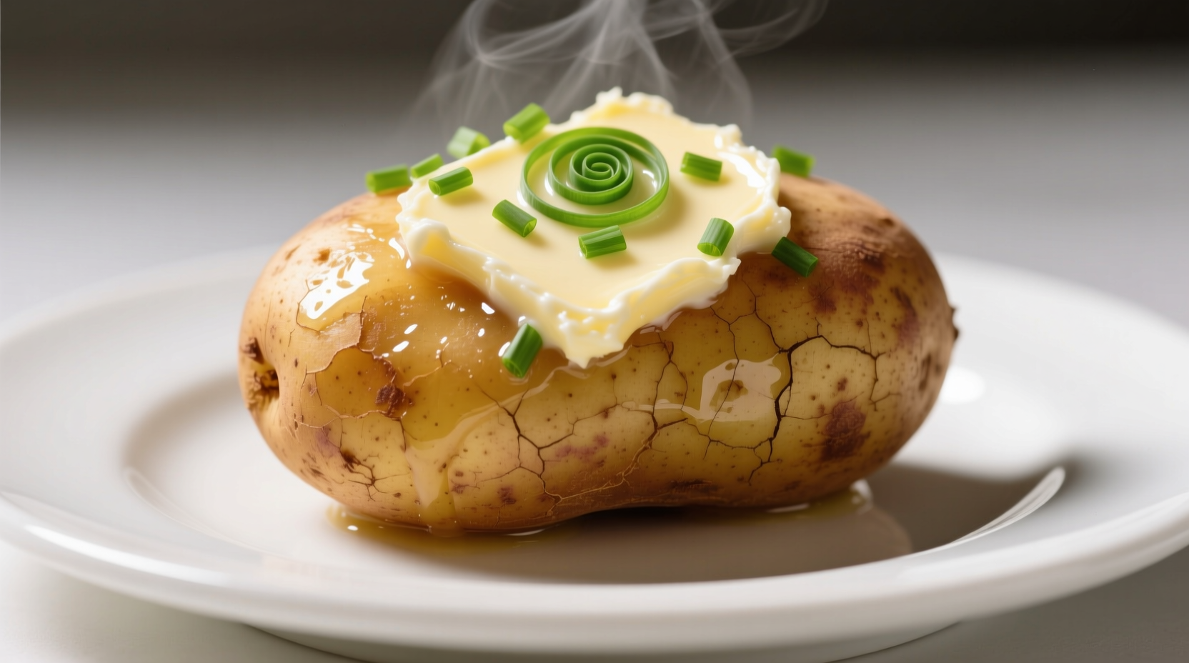 Baked potato with butter and chives on white plate