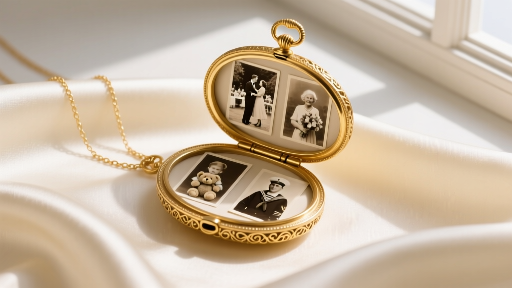 Flat lay of a vintage-style oval gold locket necklace resting on cream silk fabric, opened to reveal four tiny sepia photographs