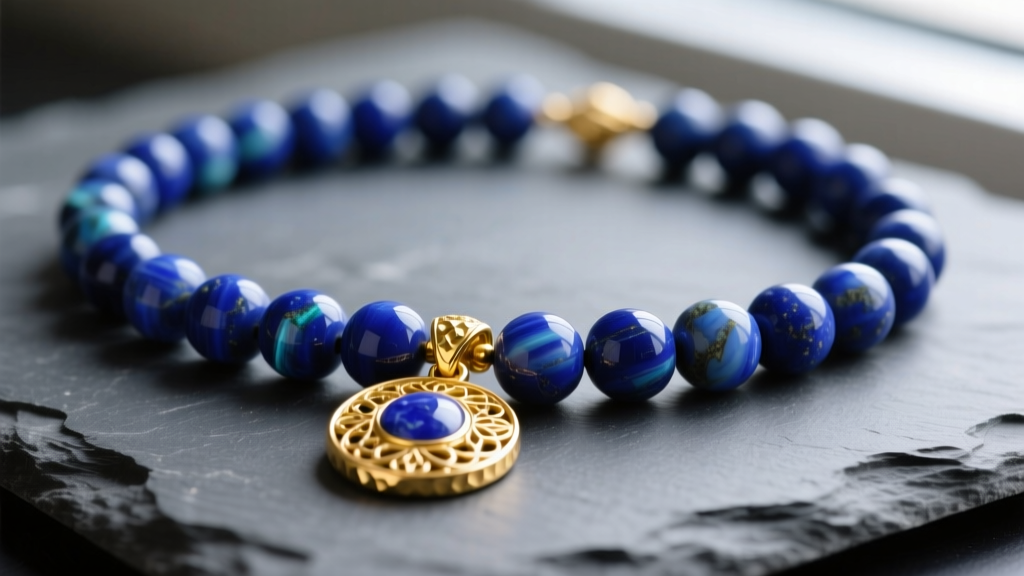 Macro photography of a lapis lazuli beads rosary necklace with a textured 14k yellow gold pendant resting on dark grey slate