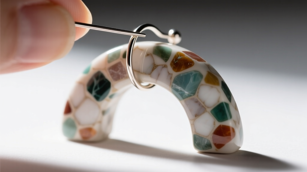 Extreme close-up of a 20-gauge niobium ear wire being looped through a baked terrazzo polymer clay arch earring.