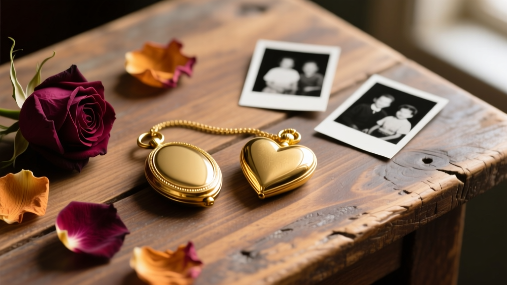 Gold-plated vintage oval and heart lockets on a rustic wood table next to dried roses and small black-and-white photos