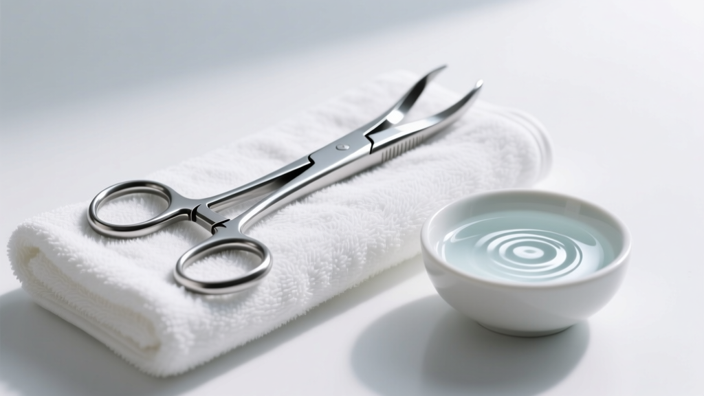 Stainless steel curved hemostats and a bowl of sterile saline on a white towel, set up for safe earring removal in a bright studio.