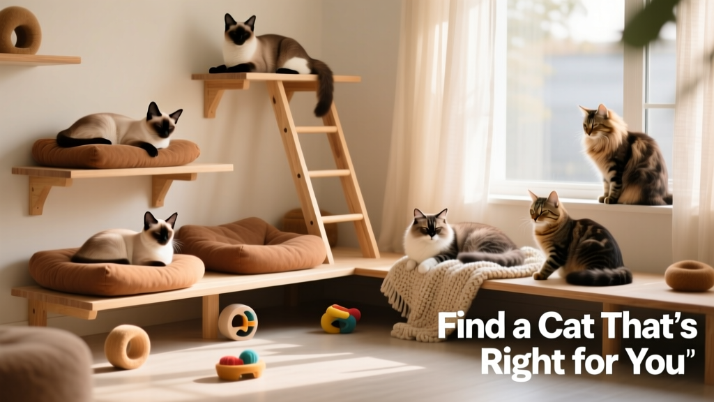A serene indoor cat lounge space with perches, toys, and cozy beds, showing a peaceful multi-cat environment