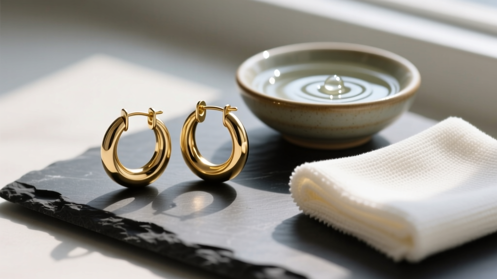 Gold-plated brass hoop earrings resting on dark slate next to a microfiber cloth and a small bowl of mild soapy distilled water.