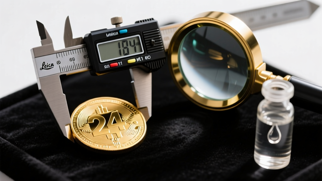 Close-up of digital calipers measuring a 24k gold coin beside a loupe and a small bottle of acid for pure gold verification
