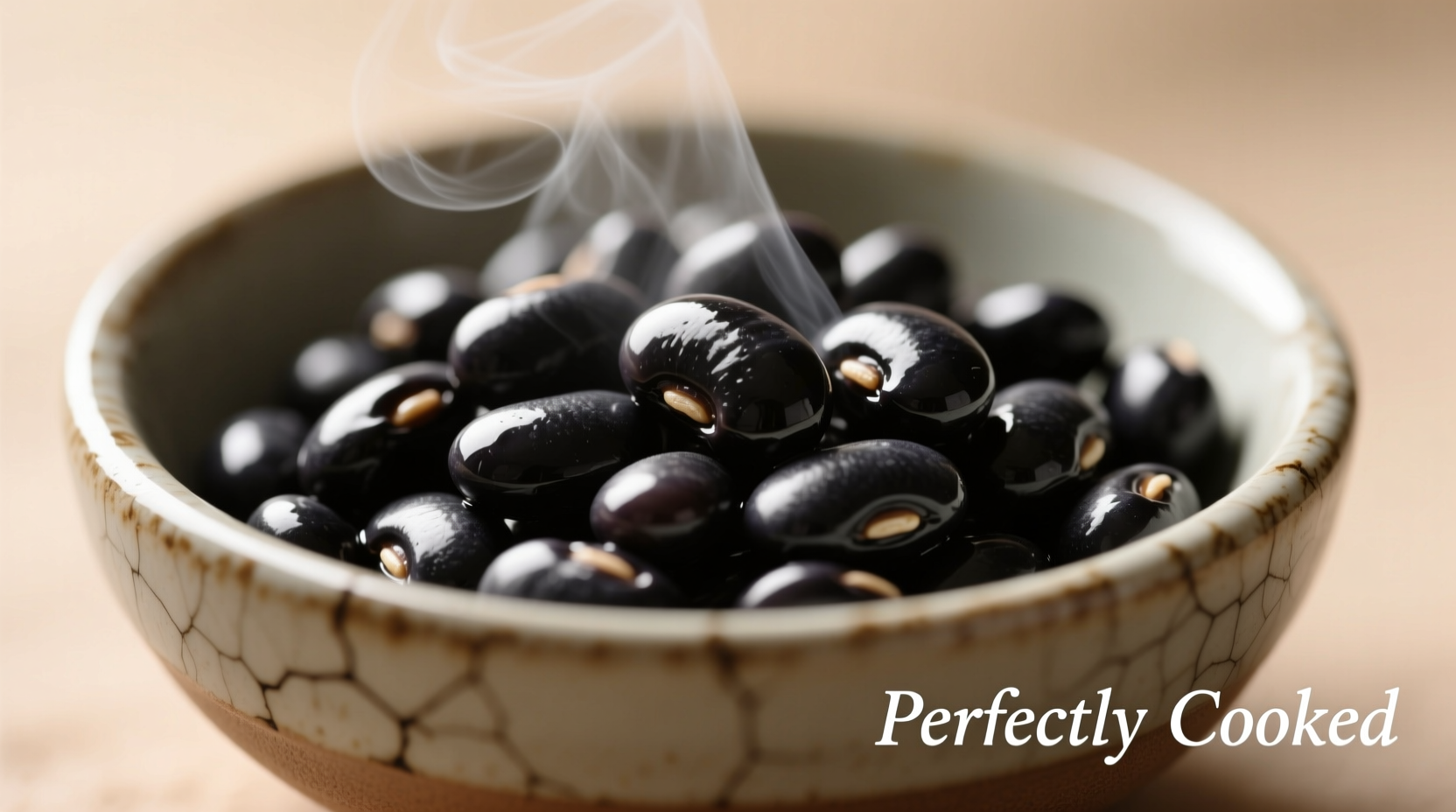 Perfectly cooked black beans in a ceramic bowl