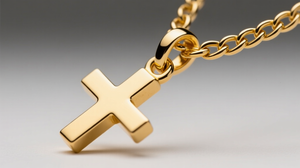 Macro shot of a 14k yellow gold slanted cross pendant bail, showing a laser-welded jump ring on a thick 5mm curb chain