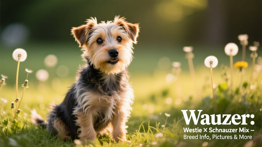 A playful Wauzer puppy sitting on grass, showing its wiry coat and alert expression
