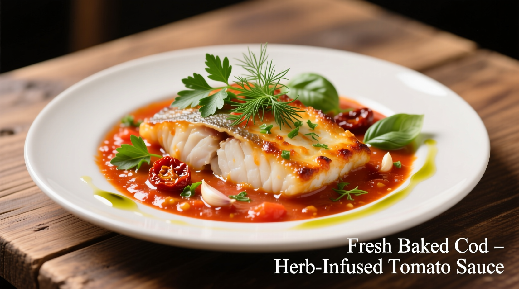 Baked cod fillets in tomato sauce with fresh herbs