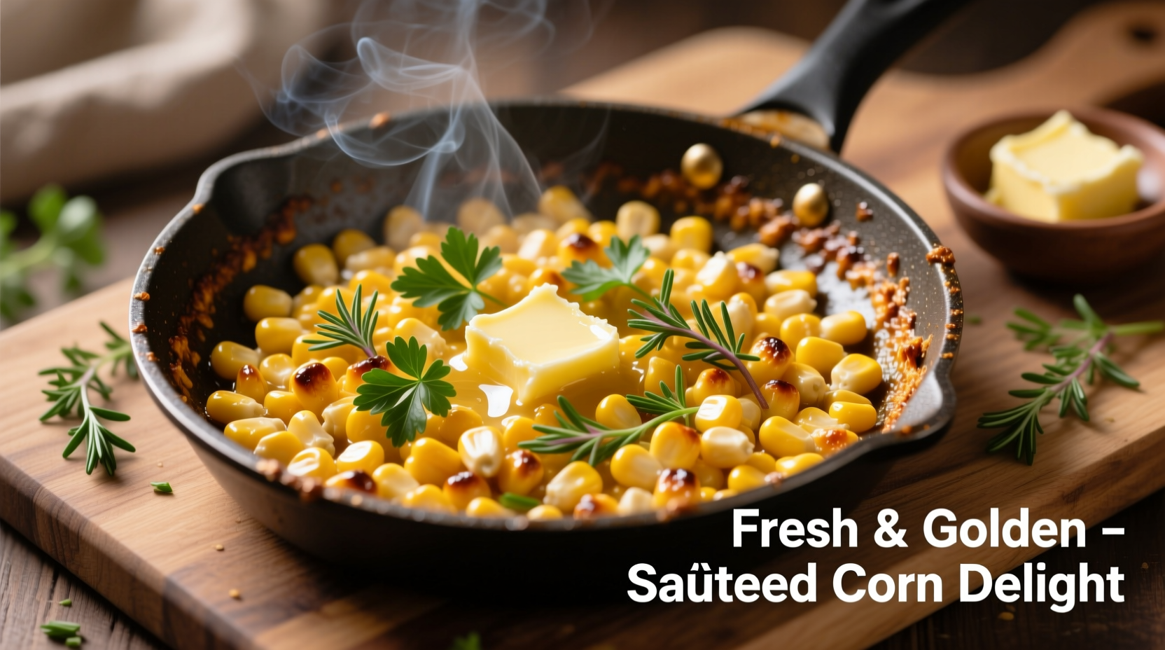 Golden corn kernels sautéed with butter and herbs