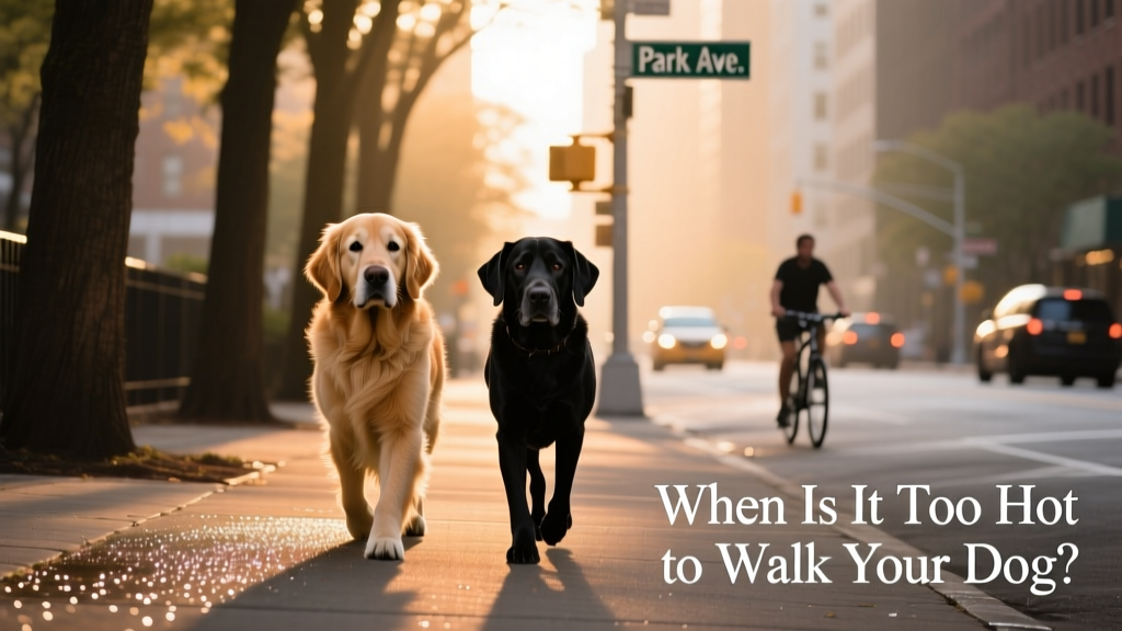 Two dogs walking calmly on a shaded city sidewalk early in the morning