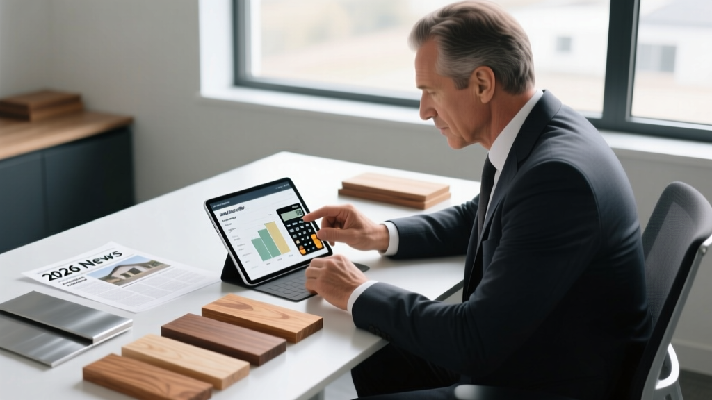 Commercial estimator reviewing digital size and scope calculator on a tablet alongside printed 2026 building materials price news reports and lumber samples