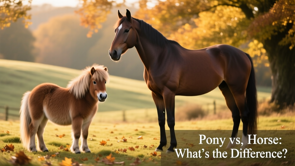 Side-by-side comparison of a Shetland pony and a Thoroughbred horse, highlighting differences in stature and build