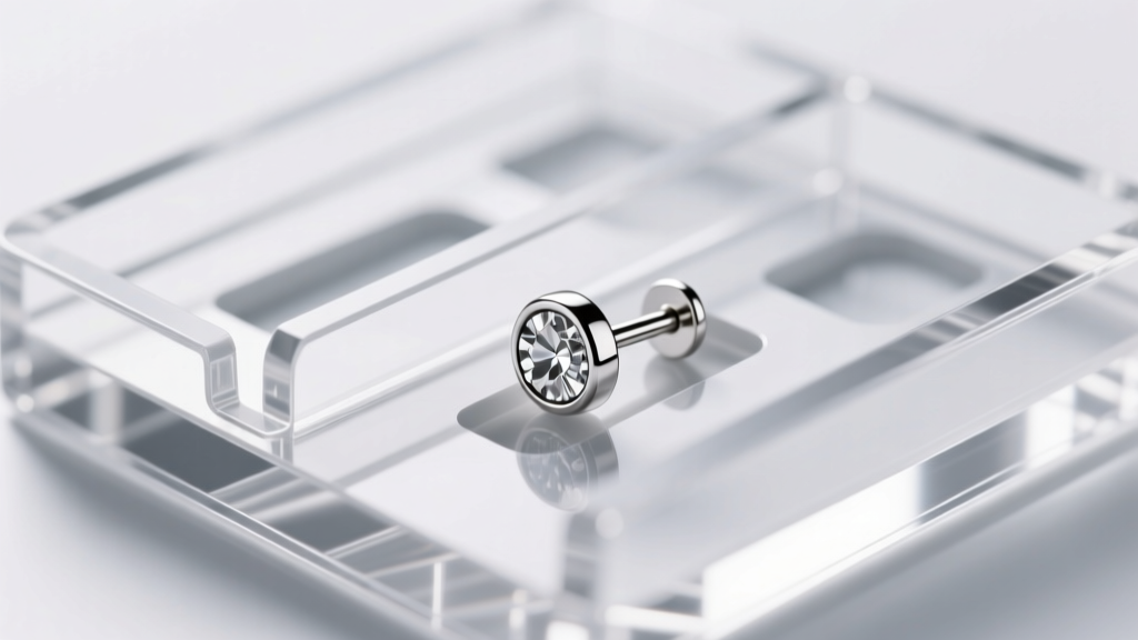 Macro shot of laser-cut slots in acrylic organizer showing smooth edges holding an 18-gauge silver stud earring post in bright light.