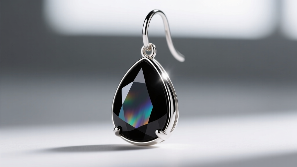 Macro shot of a bezel-set pear-cut black onyx stone in a silver drop earring, showing the precise metal-to-gemstone seam detail.