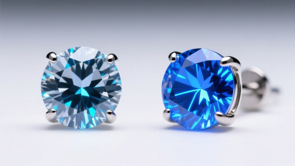 Side-by-side view of natural and lab-grown diamond earring studs under UV light, revealing distinct blue fluorescence differences