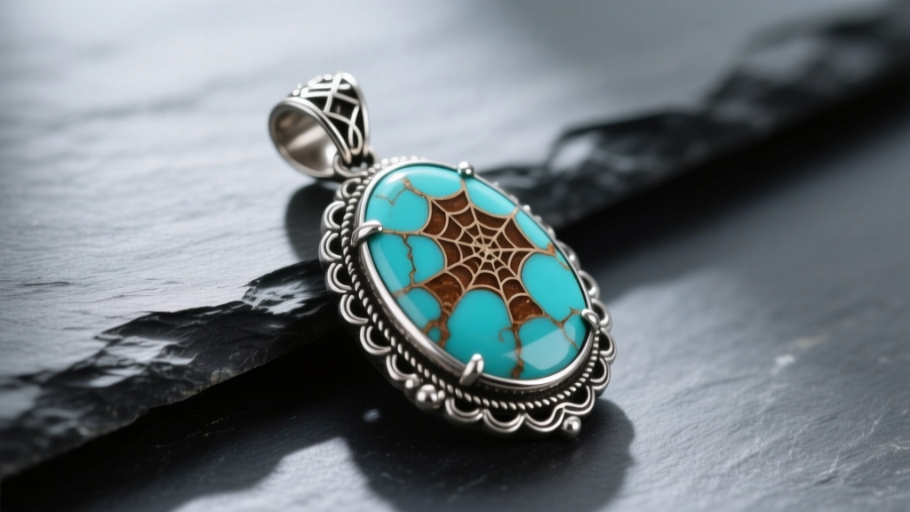 Vintage silver turquoise pendant on dark slate, showing natural brown matrix webbing and bezel setting under soft light.