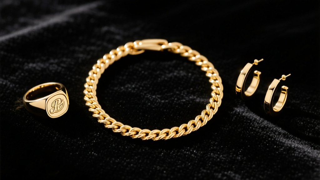 Top-down flat lay of gold color jewelry featuring a 14k solid rope chain, vermeil signet ring, and PVD hoops on dark velvet.