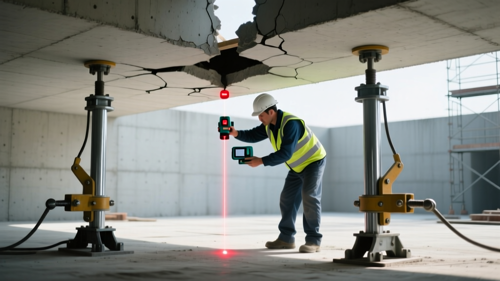 Hydraulic jacks lifting a cracked concrete slab while a technician measures the clearance gap with a digital laser level