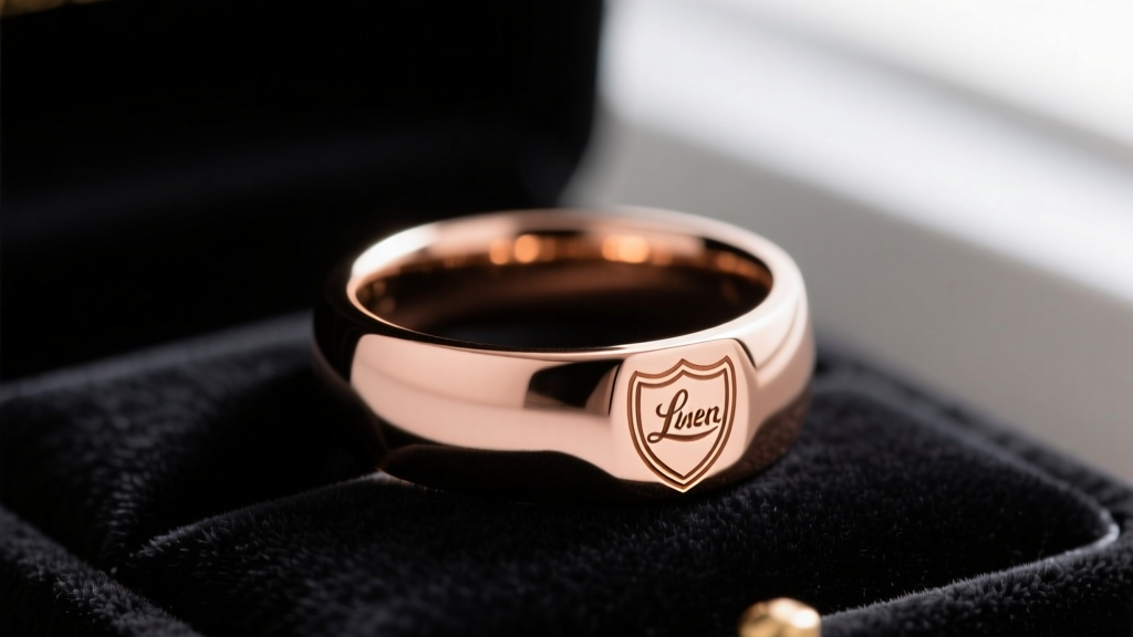 Macro shot of an 18k rose gold Lindenwold signet ring on dark velvet, highlighting the shield hallmark engraved on the inner band.