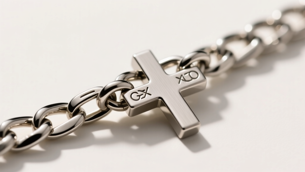 Macro shot of a 3mm stainless steel figaro chain connecting to a brushed titanium cross pendant bail, sharp focus on metal links