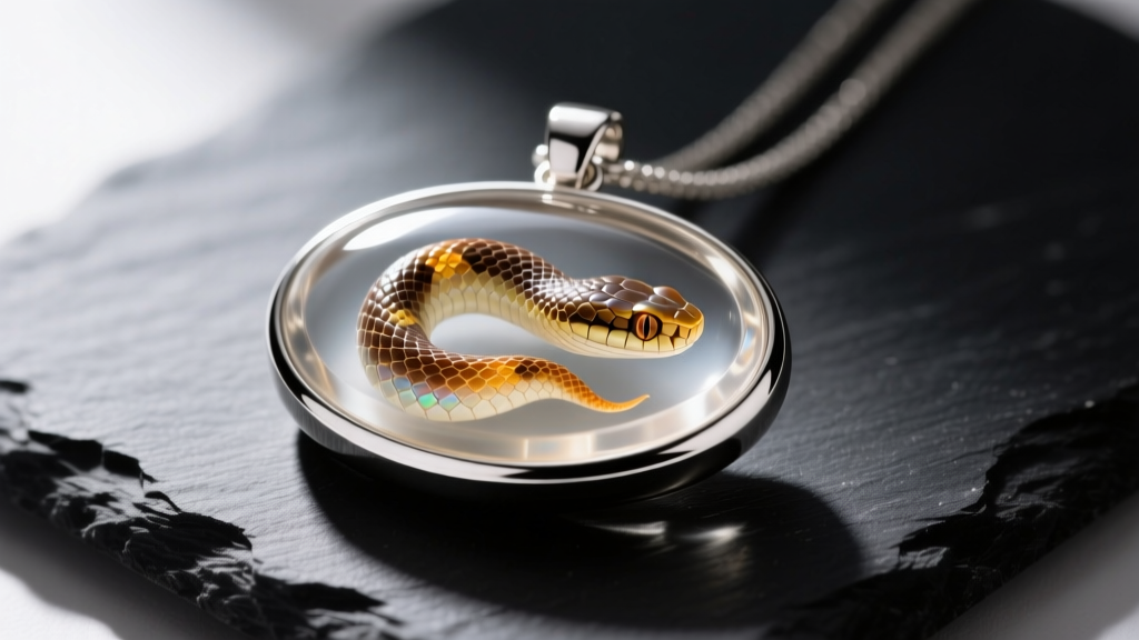 Close-up of delicate snake shed encased in clear epoxy resin inside a sterling silver oval bezel pendant, resting on dark slate.