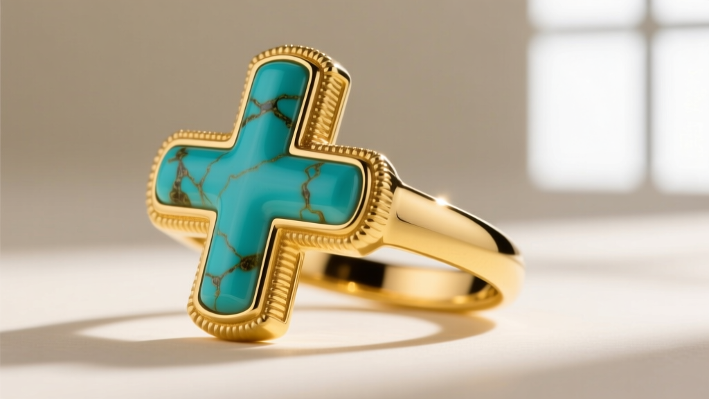 Side profile of a 14k yellow gold turquoise cross ring showing a raised bezel setting protecting the soft gemstone from edge impacts.