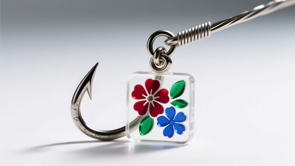 Macro shot of a 20-gauge titanium fishhook wire attached to a lightweight acrylic Hanafuda card charm, highlighting the jump ring