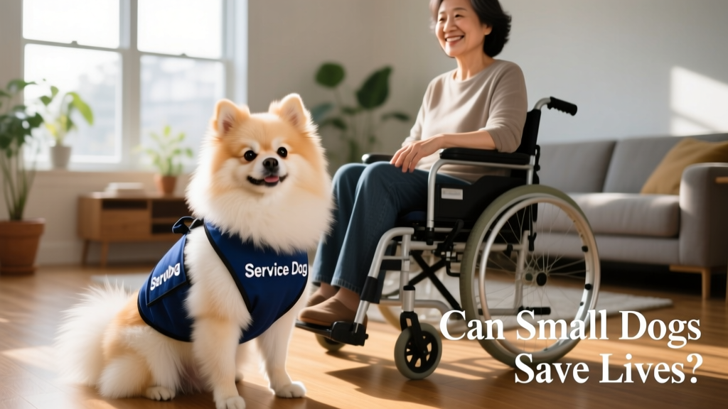 A well-groomed Pomeranian wearing a blue service vest, sitting attentively beside a person in a wheelchair