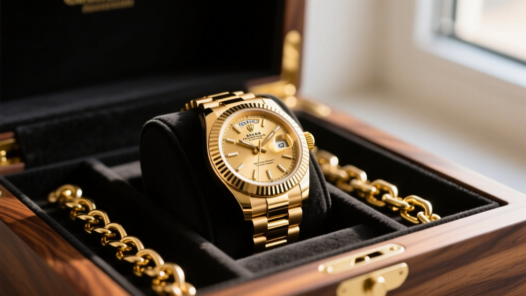 High-end walnut watch winder displaying a gold Rolex Day-Date alongside heavy gold chains in anti-tarnish velvet slots.