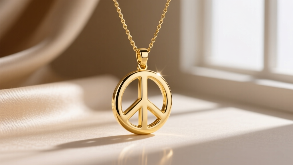Close-up of a modern 14k yellow gold peace sign pendant on a delicate 18-inch cable chain against soft beige silk background.