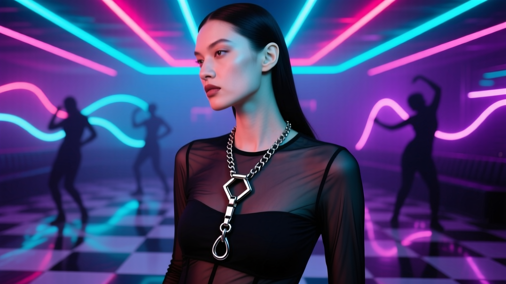 Black PVD titanium leash necklace with a geometric harness attachment, worn over a dark mesh top in a neon-lit club setting