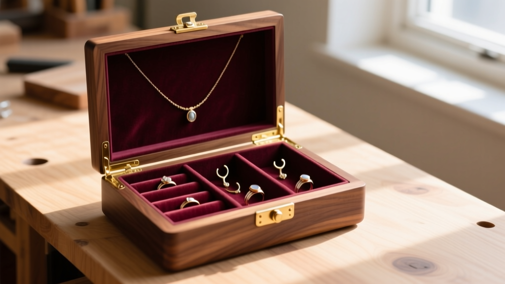 Open walnut jewelry box with brass hinges, showing velvet-lined ring rolls and necklace hooks on a well-lit woodworking bench.